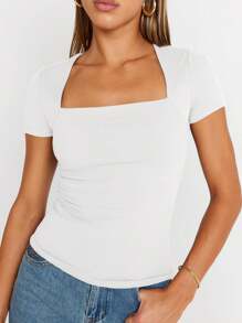 Women's Square Neck Tops Short Sleeve Crop Tops Workout Summer Clothes Casual Slim Fit T-Shirts - trắng - Xem 4