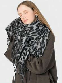 1pc Women Leopard Pattern Cashmere Scarf, Tasseled Warm Shawl Wrap, Suitable For Outdoor Wind-Proof And Cozy Daily Wear, Spring/Autumn - Black and Gray - View 5