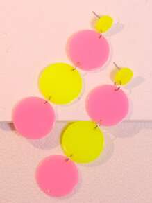 1 par de pendientes largos y llamativos de color bloque neón vintage circulares para mujeres