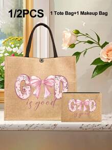 Khaki Tote Bag Two Pieces Set, Along With A Small Makeup Bag, "God" Letter Bow Zipper Women's Makeup Bag - Khaki - View 1