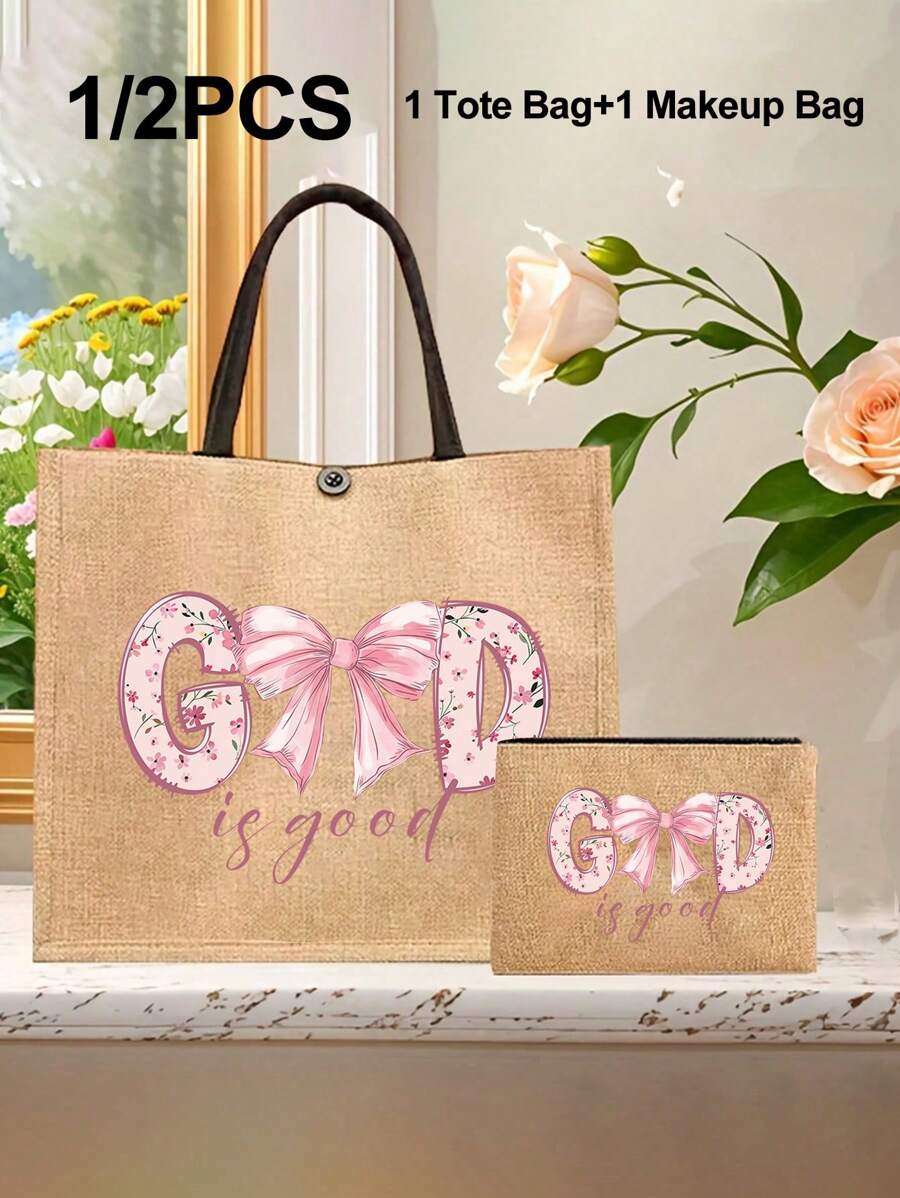 Khaki Tote Bag Two Pieces Set, Along With A Small Makeup Bag, "God" Letter Bow Zipper Women's Makeup Bag - Khaki - View 1