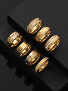 7 Pieces Fashion Stainless Steel Plated 18k Gold Personalized Horizontal Sand With Rhinestones Men'S Ring Set Suitable For Daily Use With The Use Of Holiday Dating Gift Jewelry - Gold - View 7