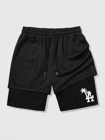 Shwiy 男士休闲假日棕榈树印花抽绳短裤，2 合 1 带棕榈树和洛杉矶印花，侧袋，适合运动、健身、跑步