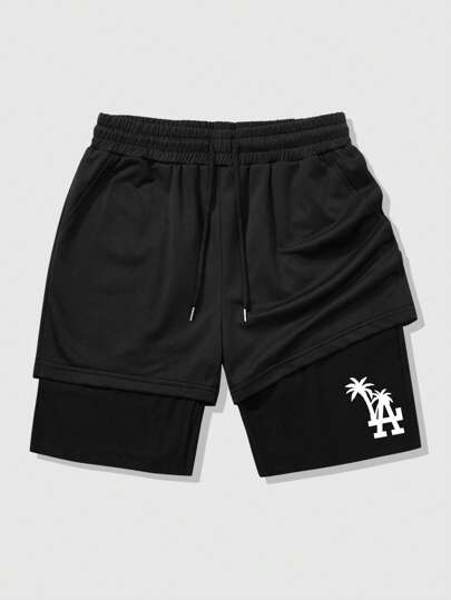 Shwiy 男士休闲度假椰树印花抽绳裤，二合一棕榈树图案洛杉矶印花口袋运动健身跑步短裤