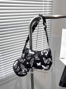 1pc Zipper Closure Fashionable And Simple Butterfly Shoulder Underarm Bag, Detachable Small Round Coin Purse, Niche Design, Comfortable Shoulder Strap, Smooth And Versatile, Suitable For Daily Outings, Play, School, Commuting, A Perfect Gift For Girls - Black - View 4