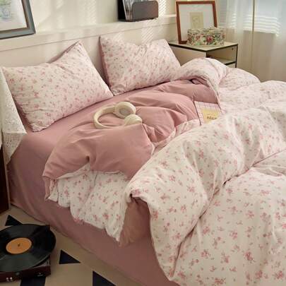 3/4pcs Floral Bedding Set, Pastoral Style Ditsy Floral Duvet Cover Set, Vintage Style Floral Garden Pink And White Soft Polyester Delicate Floral Bedding Set, Distressed Floral And Botanical Print Zipper Duvet Cover (1 Duvet Cover + 1 Bed Sheet + 1/2 Pillowcase, Without Filler)