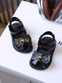 新款罗马风格夏季休闲女童时尚儿童防滑平底宝宝凉鞋 - 黑色 - 查看 2