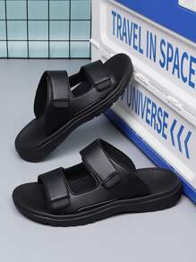 男士春夏款PU皮革休闲百搭黑色拖鞋 - 黑色 - 查看 3