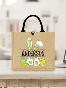Customized Personalized Tote Bag With Easter Bunny And Name, Durable Gift Bag, For Easter Egg Hunt, Custom Easter Party Favor Bag - Khaki - View 4