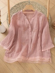 Retro Aesthetic Floral Embroidered Shirt, Organza Patchwork Design Casual Chic Blouse, Hobo Bohemian Style Floral Embroidered Elegant Top, Simple Daily Vintage Botanical Embroidery Shirt, Holiday Short Sleeve Top - Pink - View 3