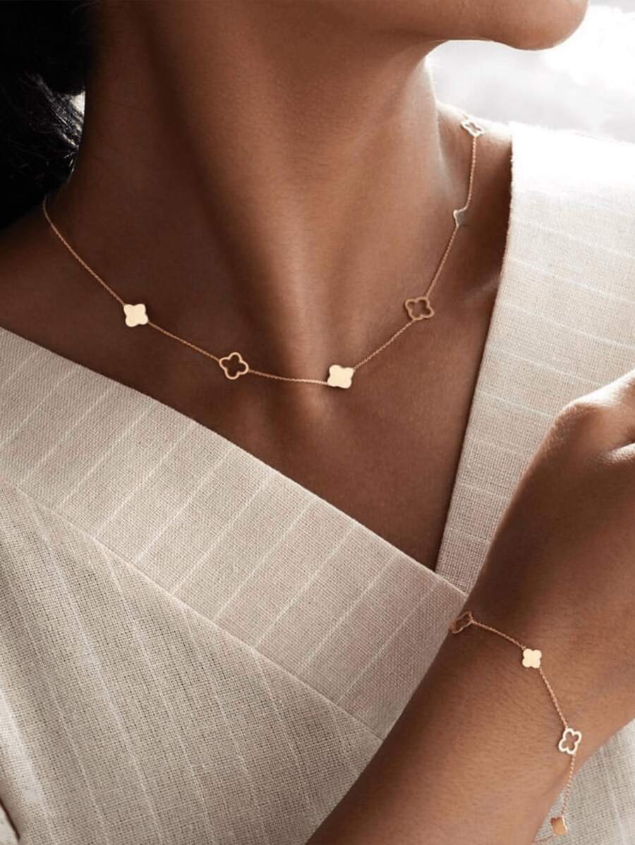 2pcs Fashionable Lucky Clover Pendant Jewelry Set, Gold Plated Stainless Steel Flour-Leaf Flower Design Necklace And Bracelet, Suitable For Women Daily Wear, Sexy Collarbone Chain Accessory Valentines - Gold - View 1