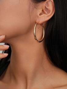 1 Pair Minimalist Metallic Circle Hoop Earrings, Suitable For Women For Daily Wear - Gold - View 1