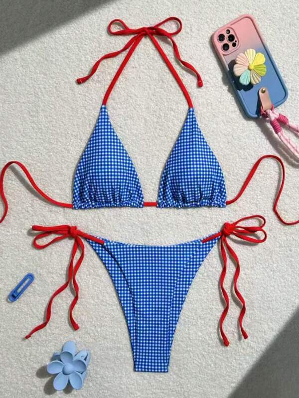 2pcs/Set Ladies' 2025 New Blue & White Plaid Print Bikini Swimwear