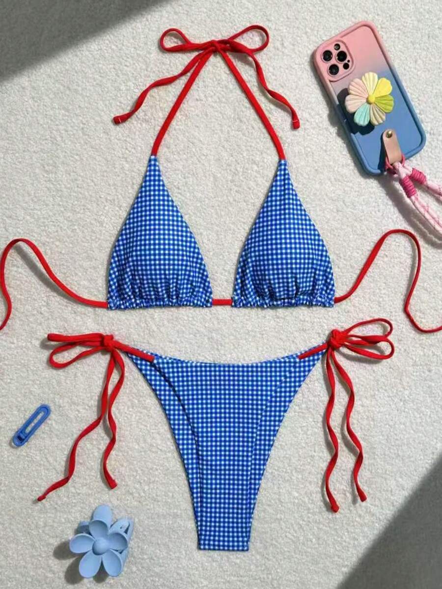 2 件套女士 2025 年新款蓝白格子印花比基尼泳装