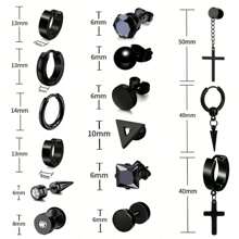 15 pares de pendientes de acero inoxidable para hombres - Aretes tipo cruz y aro, kit de joyería colgante y de perforación - Juego de 15 pares de pendientes de acero inoxidable para hombre - Ver 2