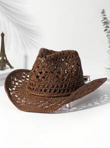 1 件男女通用绳饰镂空草编牛仔帽，纯色太阳帽，防风牛仔帽，非常适合户外海滩、休闲和 UPF 防护 - 白色 - 查看 7