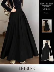 Flowy & Crisp Solid Black Maxi Skirt For Commute/Date/Casual Wear, With Pleated Details, Pockets, Versatile, Daily Wear