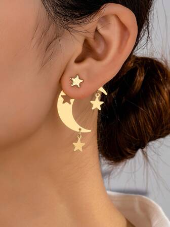 2件套镂空新月星合金吊坠耳环，女士款，适合作为节日礼物和日常佩戴