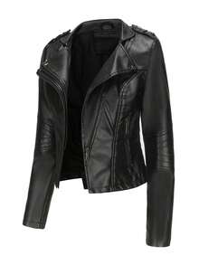 Women's Fashion Black PU Leather Motorcycle Jacket, Lapel Collar, Full Zip And Pockets, Short Length Long Sleeve, Suitable For Autumn And Spring - Black - View 3