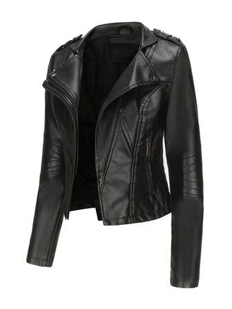 Women's Fashion Black PU Leather Motorcycle Jacket, Lapel Collar, Full Zip And Pockets, Short Length Long Sleeve, Suitable For Autumn And Spring