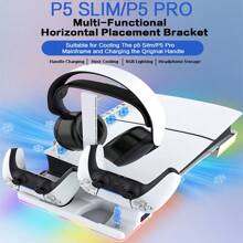 适用于 P-5 Pro/P-5 超薄控制台盘/数字 3 冷却风扇水平支架，带双控制器充电器 14 种 RGB 灯光模式和耳机支架-白色