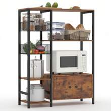 Modern Freestanding Kitchen Bakers Rack With 2 Baskets,Microwave Oven Stand With Shelves,Utility Storage Shelf With Metal Frame,Small Coffee Bar Station,Brown