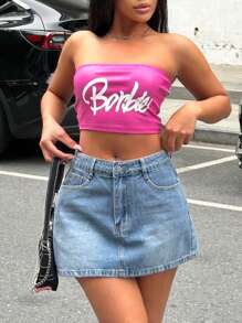 Washed Blue Sexy Denim Skirt - Versatile & Chic Solid Color Design - Medium Wash - View 6