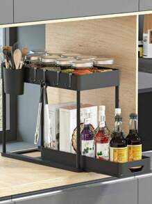 1 pieza Organizador de fregadero, Estantería de almacenamiento de 2 pisos, Almacenamiento de cocina, Organizador y almacenamiento de fregadero, Accesorios para el cuarto de almacenamiento de alimentos, Cajón deslizante inferior, Cesta de almacenamiento con estilo de cajón, Estantería para especias de cocina, Accesorios de cocina, Decoración del hogar, Día de la Madre, Regalo para mi madre - Negro - Ver 3