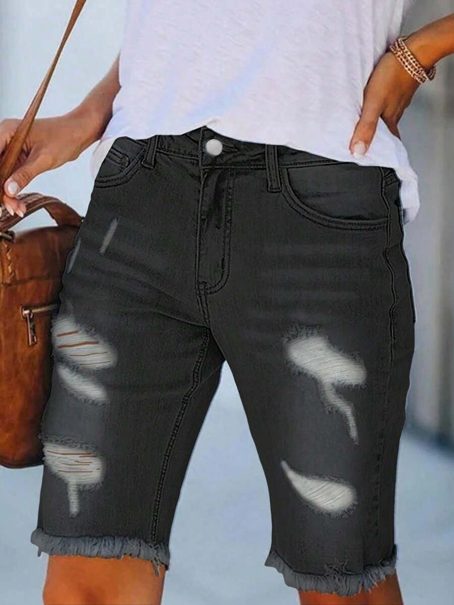 Quần short denim rách lưng vừa màu trơn mùa hè dành cho nữ - màu đen - Xem 1