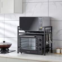 Expandable Microwave Shelf, 2-Tier, Standing Microwave Shelf, With 6 Hooks, Flexible Extendable From 40-65cm, For Worktop, Bakery Shelves, Kitchen Organizer - màu đen - Xem 2