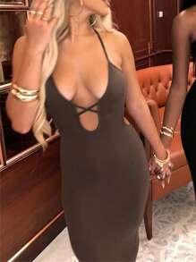 2025 New Fashion Vintage French Style Simple Dress, Spring - Brown - View 1