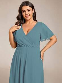 Plus Size Women Chiffon Ruffle Hem Solid Color Elegant High-Low Bridesmaid Dress - Blue - View 6