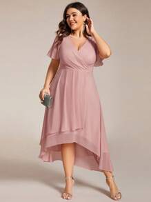 Plus Size Chiffon Ruffle Hem Contrast Color Bridesmaid Dress - Baby Pink - View 5