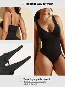 女士无缝塑身连体衣，可拆卸肩带，多功能设计，收腹提臀，全身塑形，适合户外/比基尼穿着 - 黑色 - 查看 7