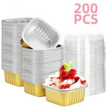 200pcs Baking Cups Aluminum Foil With Lids,5oz Cupcake Mini Cake Pans For Muffins, Desserts, Flans, Pudding&Party Food Display - 黃色 - 查看 1