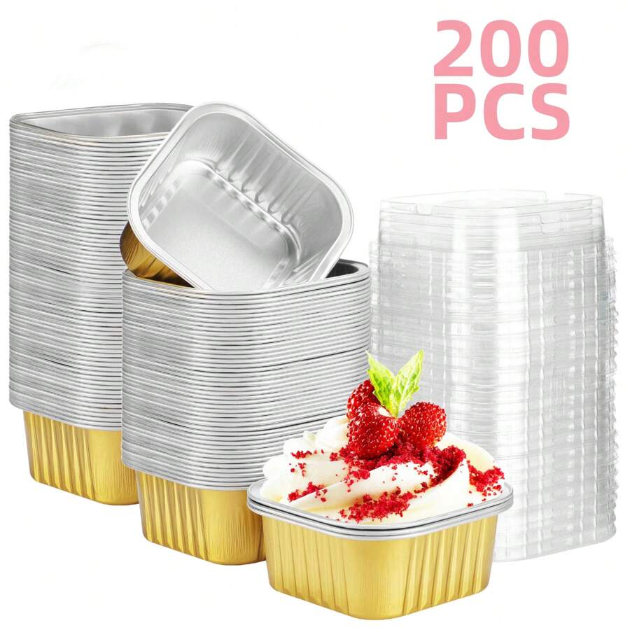 200pcs Baking Cups Aluminum Foil With Lids,5oz Cupcake Mini Cake Pans For Muffins, Desserts, Flans, Pudding&Party Food Display - 黃色 - 查看 1