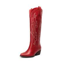 Womens Vintage Embroidered Western Boots Cowboy Knee High Boots Comfortable Pull On Side Zipper Chunky Heel Cowgirl  Retro Tall Boots - 紅色 - 查看 6