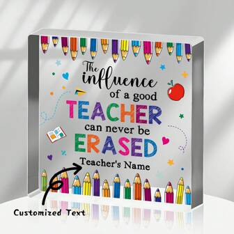 1pc 3.93"X3.93" Personalized Acrylic Teacher Appreciation Plaque - Custom Teacher Desk Ornament, Birthday & Thank You Teacher Gift, Custom Teacher Souvenir With Name Gifts Graduation,Multi-Functional,Adjustable,Durable,Ornamental,Reusable,Exquisite,Adorable,High-Quality,Modern,Colorful,Cute,Comfortable,Stylish,Custom,Personalized,Unique,Ideal Gifts For Him,Ideal Gifts For Her,Boyfriend,Girlfriend,Dad,Mom,Family,Friends,Son,Daughter,School Students,Office,Tea Room,School,Home,Home Refresh