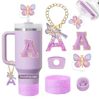 Kopptillbehör inklusive fjärilshalmkåpa, fjärilsbrevhänge med kedja och brevklistermärke för dekorationer