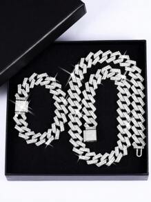 2pcs Set Silver Necklace + Bracelet Rhinestone Hip Hop Jewelry Gift, Suitable For Men And Women Daily Wear, Sports Accessories, Gift Box For Friends And Family - Silver - View 1