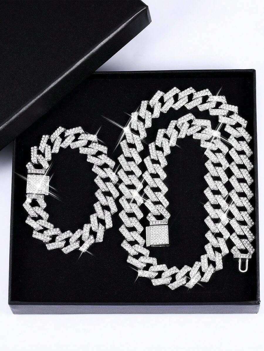 2pcs Set Silver Necklace + Bracelet Rhinestone Hip Hop Jewelry Gift, Suitable For Men And Women Daily Wear, Sports Accessories, Gift Box For Friends And Family - Silver - View 1