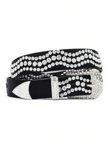 1pc Women's Rhinestone Decor Wide Leather Belt, Elegant Street Style Versatile For Jeans, Shirts, Coats, Suitable For Shopping, Casual, Holiday, Party