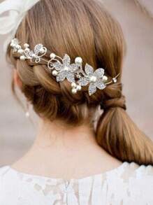 1 件新娘合金水晶和珍珠头饰，韩式花朵发饰婚礼头饰配饰