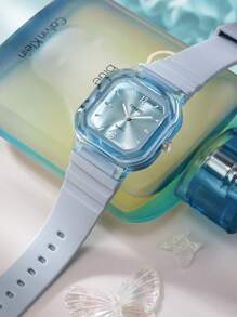 1 Đồng hồ đeo tay thạch anh dây silicon hình vuông tối giản giá cả phải chăng cho nữ, thích hợp đeo hàng ngày - Màu xanh lam - Xem 3