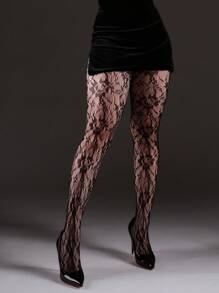 1 件女式高弹力网格连裤袜，时尚性感镂空复古黑色丝袜，适合万圣节、圣诞节、Y2K 风格 - 黑色 - 查看 5