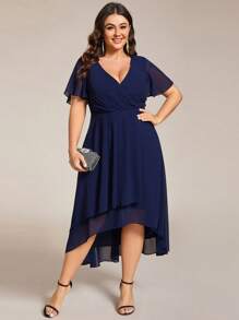 Plus Size Women Chiffon Ruffle Hem Solid Color Elegant High-Low Bridesmaid Dress - Navy Blue - View 5