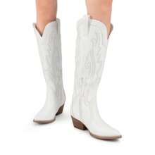 Womens Vintage Embroidered Western Boots Cowboy Knee High Boots Comfortable Pull On Side Zipper Chunky Heel Cowgirl  Retro Tall Boots - 白色 - 查看 9