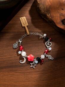 1 件合金星星月亮花朵心形吊饰弹性人造水晶心形弹性磁铁情侣手链带祝福卡