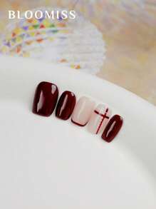 10pcs Handmade Press-On Nails, Burgundy Short Length Refined Style, Reusable Wearable Nail Tips - Burgundy - View 4