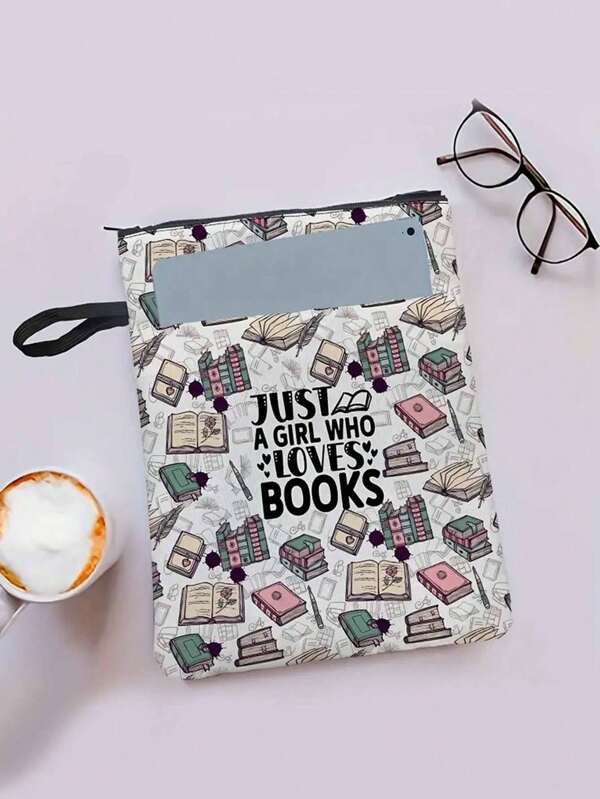 1pc Polyester Book Sleeve - Inspiring "Just A Girl Who Loves Books" Print, With Extra Pocket And Smooth Zipper, Ideal Gift For Book Lovers, Librarians, Teachers And Graduates